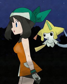1girl absurdres amayzing2002 bandana bike_shorts blue_eyes breasts brown_hair gen_3_pokemon gloves green_bandana highres jirachi legendary_pokemon may_(pokemon) mythical_pokemon night night_sky nintendo open_mouth orange_shirt pokemon pokemon_(creature) pokemon_emerald pokemon_rse shirt short_hair sky two-tone_gloves