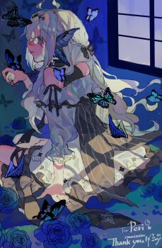 1girl black_bow blue_background blue_butterfly blue_flower blue_nails blue_rose bow bug butterfly closed_mouth commentary commission dress fingernails flower from_behind full_body grey_hair hair_bow highres indie_virtual_youtuber indoors insect long_hair off-shoulder_dress off_shoulder peri_indigo rose shinjitsu_no_kuchi skeb_commission smile solo virtual_youtuber white_dress window