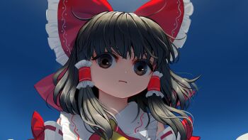 1girl ascot black_hair blue_background bow brown_eyes commentary day detached_sleeves expressionless frilled_bow frilled_hair_tubes frills hair_bow hair_tubes hakurei_reimu looking_at_viewer medium_hair nontraditional_miko outdoors portrait red_bow ribbon-trimmed_sleeves ribbon_trim sidelocks sky solo suna_(s73d) touhou wide_sleeves yellow_ascot