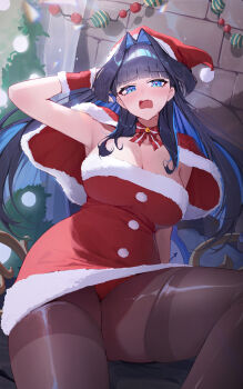 1girl absurdres armpits black_pantyhose blue_eyes blue_hair blunt_bangs bow bowtie breasts capelet christmas cleavage colored_inner_hair commentary dress earrings english_commentary fang fur-trimmed_capelet fur-trimmed_dress fur-trimmed_headwear fur-trimmed_wrist_cuffs fur_trim hair_intakes hand_up hat highres hololive hololive_english jewelry large_breasts long_hair multicolored_hair open_mouth ouro_kronii panties panty_peek pantyhose pom_pom_(clothes) red_bow red_bowtie red_capelet red_dress red_hat red_panties santa_costume santa_dress santa_hat short_dress sidelocks sitting skin_fang sleeveless sleeveless_dress solo strapless strapless_dress underwear virtual_youtuber wavy_mouth yoellim5