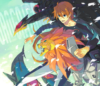 1boy ahoge black_shirt blue_eyes brown_hair collarbone ebira gaogaigar glowing glowing_tattoo hair_between_eyes hand_tattoo hiyama_nobuyuki male_focus open_mouth shirt shishiou_gai short_hair solo tattoo yuusha_ou_gaogaigar yuusha_series