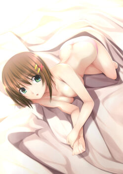 1girl absurdres aqua_eyes ass breasts brown_hair hair_ornament hairclip highres lyrical_nanoha mahou_shoujo_lyrical_nanoha_strikers medium_breasts mikazuki_akira! panties solo topless_female underwear x_hair_ornament yagami_hayate