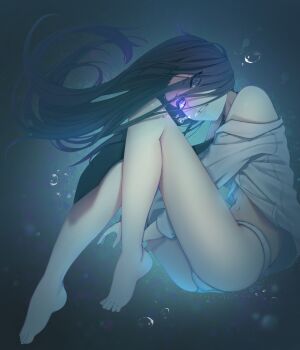 1girl air_bubble arm_behind_leg arms_between_legs bare_shoulders barefoot black_necktie blue_background blue_eyes blue_hair blue_shirt blurry blurry_background bubble commentary eyes_visible_through_hair feet floating_hair from_side full_body glowing glowing_eye highres kana_giri knees_up legs light_particles long_hair looking_at_viewer midriff navel necktie no_pants nose_shade off_shoulder open_mouth original panties plantar_flexion shirt solo straight_hair teeth underwater underwear white_panties