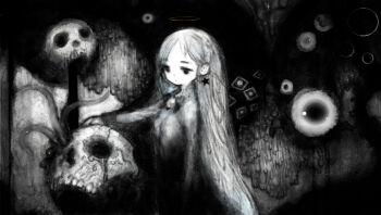 1girl abstract_background brooch closed_mouth disembodied_eye earrings expressionless feet_out_of_frame floating_earrings greyscale halo hand_rest jewelry long_hair long_sleeves looking_down monochrome original pon_(tab_rasa) skull solo standing star_(symbol) star_earrings tentacles very_long_hair