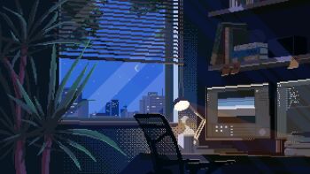 absurdres animated animated_gif book chair city crescent_moon cup dark desk desk_lamp dithering highres lamp looping_animation monitor moon mug night no_humans original pixel_art scenery seaeees shelf sky star_(sky) starry_sky steam sticky_note window window_blinds