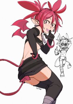 1girl 3amsoda ass bandeau bare_shoulders bat_wings black_bandeau black_gloves black_skirt black_thighhighs blush choker demon_girl demon_tail demon_wings disgaea doodle_inset earrings elbow_gloves etna_(disgaea) fang flat_chest from_below gloves hand_on_own_hip highres jewelry looking_at_viewer looking_back makai_senki_disgaea mini_wings miniskirt o-ring o-ring_choker open_mouth pointy_ears red_eyes red_hair red_wings skirt skull_earrings smile solo sweatdrop tail thighhighs twintails wings