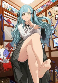 1girl absurdres aqua_hair bang_dream! bang_dream!_it's_mygo!!!!! barefoot black_ribbon black_skirt coffee_mug commentary_request cup eyebrows_hidden_by_hair flat_chest hair_ribbon highres holding holding_shoes holding_unworn_clothes latte_art long_hair looking_at_viewer mikoya_(mikoyamisaka) mug open_mouth portrait_(object) ribbon shirt shoes sitting skirt soles solo stuffed_animal stuffed_toy toes togawa_sakiko unworn_shoes white_shirt yellow_eyes