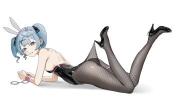 1girl animal_ear_hairband animal_ears back black_leotard black_ribbon blue_eyes blue_hair breasts center-flap_bangs colored_inner_hair cuffs fake_animal_ears fishnet_pantyhose fishnets grey_pantyhose grin hair_between_eyes hair_ornament hair_ribbon hairband hakai_orz handcuffs hashtag-only_commentary hatsune_miku high_heels highres lace_pantyhose_hooked_on_heel_(meme) leotard looking_at_viewer lying meme multicolored_hair on_stomach pantyhose pink_hair playboy_bunny rabbit_ear_hairband rabbit_ears rabbit_hole_(vocaloid) ribbon short_hair short_twintails sideboob simple_background smile teardrop_facial_mark thigh_strap twintails vocaloid white_background white_hairband x_hair_ornament