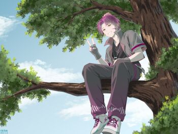 Rule 34 | 1boy, 2025, :d, absurdres, bare arms, black pants, black shirt, blue sky, bright pupils, chain, chinese commentary, chinese text, cloud, collarbone, collared jacket, commentary request, curtained hair, dated, day, facial mark, fenghongshenqiushi, fingerless gloves, from below, full body, gloves, green eyes, grey gloves, grey jacket, grin, hair behind ear, hair bun, hand on own stomach, hand up, highres, jacket, jewelry, knees apart feet together, lightning bolt symbol, looking at viewer, male focus, musical note necklace, nail polish, necklace, open clothes, open jacket, open mouth, outdoors, pants, personification, phat beet (plants vs. zombies), pink hair, pink nails, plants vs. zombies, plants vs. zombies 2, procreate (medium), puffy pants, shirt, shoelaces, shoes, short-sleeved jacket, short hair, short sleeves, simple background, single hair bun, sky, smile, sneakers, solo, translation request, tree, v, very short hair, white pupils, white shoes