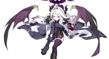 1girl ahoge armband black_coat black_gloves black_halo black_skirt black_thighhighs blue_archive breasts coat coat_on_shoulders demon_girl demon_horns demon_wings gloves halo highres hina_(blue_archive) horns long_hair looking_at_viewer low_wings purple_eyes ramuri red_armband simple_background sitting skirt small_breasts solo thighhighs thighs very_long_hair white_background white_hair wings