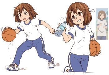 1girl ball basketball_(object) beachepisode blush bottle brown_eyes brown_hair commentary dribbling_(basketball) english_commentary hair_ornament hairclip highres hirasawa_yui holding holding_ball holding_bottle k-on! open_mouth pants parted_lips reference_inset shirt shoes short_hair sneakers solo sweat teeth track_pants upper_teeth_only water_bottle white_shirt white_shoes