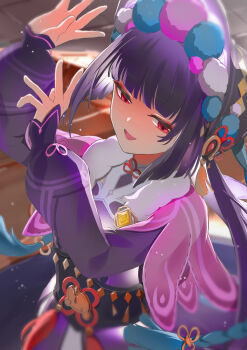 1girl absurdres black_hair blunt_bangs blush bonnet capelet chinese_clothes dress genshin_impact hair_ornament hand_up hands_up hat highres long_hair long_sleeves makeup mihoyo open_mouth purple_hair red_eyes smtoau solo tassel yun_jin_(genshin_impact)