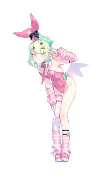 1girl absurdres alternate_costume animal_ear_hairband animal_ears aqua_nails arm_strap arm_up armpits bandaid bandaid_hair_ornament bare_shoulders blush breasts chinatsu_remiel commentary covered_navel detached_collar english_commentary fake_animal_ears full_body green_eyes green_hair hair_ornament hairband hand_on_own_knee highres leaning_forward leg_warmers leotard looking_at_viewer multicolored_eyes multiple_thigh_straps necktie orange_eyes parted_lips pink_arm_warmers pink_leg_warmers pink_leotard pink_necktie pink_shoes playboy_bunny rabbit_ear_hairband rabbit_ears ryeobi see-through_clothes see-through_thighhighs shoes simple_background single_thighhigh small_breasts smile solo strapless strapless_leotard striped_arm_warmers striped_leg_warmers thighhighs tied_ears torn_clothes torn_thighhighs triangle_hair_ornament v v_over_eye white_background white_thighhighs white_wings wings zenless_zone_zero
