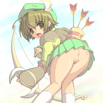 Rule 34 | 1girl, anus, archer (eco), arm guards, armor, arrow (projectile), artist request, ass, beret, bow (weapon), cleft of venus, embarrassed, emil chronicle online, from behind, green armor, green eyes, green hair, green hat, green shirt, green skirt, hat, hat feather, holding, holding bow (weapon), holding weapon, looking back, lowres, no panties, non-web source, open mouth, pleated skirt, pussy, quiver, shirt, skirt, socks, solo, source request, weapon, white socks