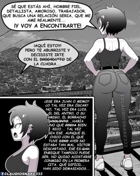 1girl ass backboob belt breasts bridge claudiosnake333 cloud collarbone denim earrings from_behind from_side hands_on_own_hips jeans jewelry large_breasts monochrome open_mouth outdoors pants shoes short_hair signature sky sneakers solo spanish_text speech_bubble tank_top translation_request wide_hips