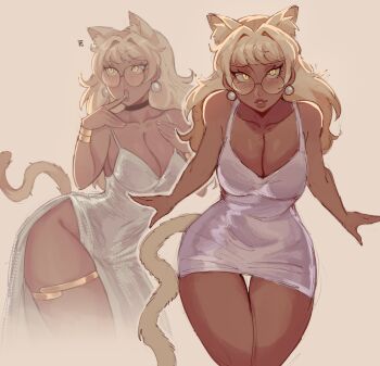 1girl absurdres animal_ears black_choker blonde_hair breasts brown_background cat_ears cat_girl cat_tail choker cleavage commentary dark-skinned_female dark_skin dress earrings english_commentary glasses gold_thighlet hair_intakes highres jewelry large_breasts lips long_hair looking_at_viewer multiple_views original parted_lips round_eyewear short_dress simple_background sphere_earrings swept_bangs tail thighlet white_dress widisu yellow_eyes