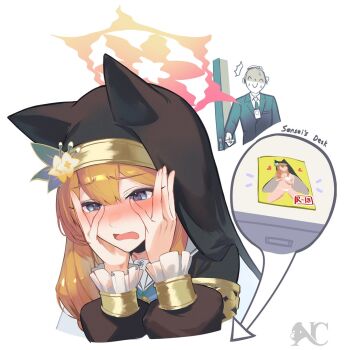 1boy 1girl ^_^ bikini black_hat blue_archive blue_eyes blush closed_eyes commentary content_rating doodle_sensei_(blue_archive) english_commentary english_text flower habit halo hands_on_own_cheeks hands_on_own_face hat jacket long_sleeves manga_(object) mari_(blue_archive) necktie niac nose_blush nun open_mouth orange_hair sensei_(blue_archive) shirt simple_background sweat swimsuit upper_body white_background white_bikini white_flower