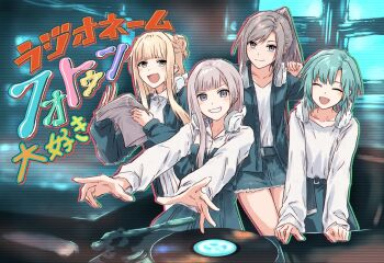 aqua_dress aqua_hair aqua_jacket aqua_skirt blonde_hair blunt_bangs braid bun_with_braided_base clothes_around_waist commentary_request d4dj double_bun dress fukushima_noa grey_hair hair_bun hanamaki_towa headphones headphones_around_neck highres holding izumo_saki jacket jacket_around_waist long_sleeves miniskirt monitor multiple_monitors niijima_ibuki parted_bangs phonograph photon_maiden ponytail script shirt short_hair sidelocks skirt translation_request turntable white_shirt yukitake_(xuserpost)