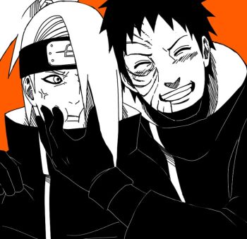 2boys akatsuki_(naruto) akatsukiarts anger_vein closed_eyes deidara_(naruto) gloves grin long_hair looking_at_another male_focus multiple_boys naruto_(series) naruto_shippuuden scar scar_on_face short_hair smile uchiha_obito yaoi