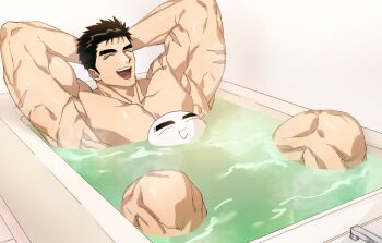 1boy arms_behind_head bara bathtub black_hair chibi closed_eyes domo_(domo_kizusuki) forehead in_water knee_up kokado_shido_(domo) large_pectorals male_focus muscular muscular_arms muscular_male open_mouth original pectoral_cleavage pectorals short_hair sideburns smile steam teeth v-taper