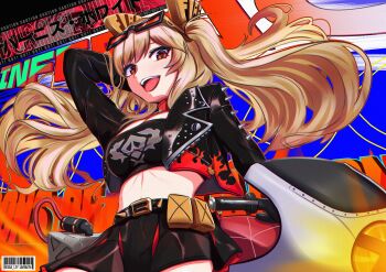 Rule 34 | 1girl, absurdres, arm behind head, belt, black belt, black jacket, black skirt, blonde hair, breasts, burnice white, character name, commentary, cowboy shot, crop top, cropped jacket, eyewear on head, flame print, from below, hair ornament, highres, jacket, long hair, long sleeves, looking at viewer, medium breasts, midriff, open mouth, red-tinted eyewear, red eyes, skirt, smile, solo, spiked belt, spiked jacket, ssa lty, sunglasses, teeth, tinted eyewear, twintails, upper teeth only, zenless zone zero