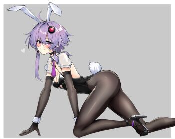 Rule 34 | ahoge, all fours, backless leotard, black choker, black leotard, black shoes, blush, breasts, choker, cleavage, commentary request, detached collar, elbow gloves, gloves, hair ornament, high heels, highres, leggings, leotard, looking at viewer, necktie, playboy bunny, purple hair, purple necktie, rabbit hair ornament, rabbit tail, see-through clothes, shoes, sleeve cuffs, tail, voiceroid, yuzuki yukari, zooanime