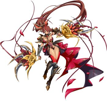 Rule 34 | 1girl, absurdly long hair, absurdres, armor, armored boots, bare shoulders, black cape, black panties, blue eyes, boots, brambles, breasts, brown hair, cape, chakram, chest jewel, cleavage, cleavage cutout, closed mouth, clothing cutout, come hither, covered navel, dark-skinned female, dark skin, dual wielding, falling petals, floating, floating clothes, floating hair, framed breasts, full body, game cg, gem, gold trim, hair between eyes, hair ornament, hair ribbon, high heel boots, high heels, highres, hip vent, holding, holding weapon, langrisser, langrisser mobile, large breasts, leotard, long hair, looking at viewer, macaera (langrisser), multicolored hair, official alternate costume, official art, orange ribbon, panties, pantyhose, pauldrons, petals, pointy ears, ponytail, red cape, red gemstone, red hair, red pantyhose, red petals, red skirt, revealing clothes, ribbon, rose petals, second-party source, see-through clothes, see-through leotard, shiny skin, shoulder armor, showgirl skirt, simple background, skirt, smile, solo, streaked hair, tachi-e, thigh cutout, thighs, thorns, throwing weapon, transparent background, two-sided cape, two-sided fabric, underwear, vambraces, very long hair, waist cape, weapon