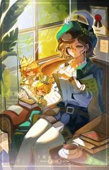 3girls absurdres black_shorts black_vest blonde_hair book book_stack bracelet brown_hair cape chibi chibi_inset commission couch cup dress feet_out_of_frame green_cape green_eyes green_hat hands_up hat hat_feather highres holding holding_notebook indoors jewelry mini_person minigirl multiple_girls newsboy_cap notebook official_alternate_costume on_couch open_clothes open_vest orange_hair original pantyhose plant qianjing_ze recoleta_(reverse:1999) reverse:1999 sample_watermark shirt short_hair shorts sitting smile sonetto_(reverse:1999) sonetto_(the_steadfast_heart)_(reverse:1999) teacup vest watermark white_dress white_pantyhose white_shirt window