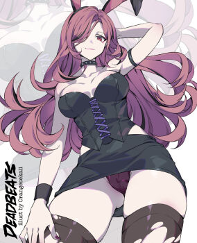 Rule 34 | 1girl, animal ear hairband, animal ears, arm behind head, armpits, black corset, black hair, black skirt, breasts, commentary, corset, english commentary, fake animal ears, hair over one eye, hairband, hand on own thigh, highres, hololive, hololive english, large breasts, looking at viewer, mori calliope, mori calliope (rock bunny), multicolored hair, official alternate costume, official alternate hairstyle, orange sekaii, panties, pantyshot, perspective, pink hair, rabbit ear hairband, rabbit ears, red eyes, skindentation, skirt, streaked hair, studded choker, thick thighs, thighhighs, thighs, torn clothes, torn thighhighs, underwear, virtual youtuber, zoom layer