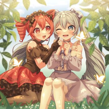 2girls absurdres aqua_eyes aqua_hair arm_tattoo black_bow black_dress black_gloves black_pantyhose blue_bow blue_dress bow detached_sleeves dress drill_hair frilled_hairband frills gloves hair_between_eyes hair_ornament hairband hatsune_miku highres himemiya_chiharu kasane_teto long_hair long_sleeves looking_at_another multiple_girls musical_note musical_note_print musical_staff musical_staff_print number_tattoo one_eye_closed open_mouth pantyhose puffy_short_sleeves puffy_sleeves red_eyes red_hair short_sleeves sitting smile tattoo twin_drills twintails utau very_long_hair vocaloid