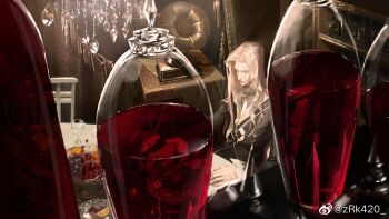 024_(1a41a4) 1boy alcohol black_jacket chandelier closed_eyes closed_mouth cup drinking_glass fate/apocrypha fate_(series) food fruit grapes heart_(organ) highres indoors jacket jar long_hair long_sleeves male_focus orange_(fruit) orange_slice phonograph pomegranate solo table vlad_iii_(fate/apocrypha) wide_shot wine wine_glass