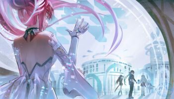 Rule 34 | 1boy, 4girls, aemeath (wuthering waves), bare shoulders, chisa (wuthering waves), commentary, elbow gloves, english commentary, floating hair, from inside, glitch, gloves, hair floating upwards, hewaje, highres, looking at another, looking back, lynae (wuthering waves), male rover (wuthering waves), mornye (wuthering waves), multiple girls, orange eyes, pink hair, rover (wuthering waves), smile, solo focus, white gloves, wuthering waves