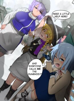 3girls absurdres apron arm_up black_boots black_vest blonde_hair blue_eyes blue_hair blue_skirt blue_vest boots braid breasts breath cirno closed_mouth cloudykeyz commentary completely_unamused english_text flying_sweatdrops glaring gloves hand_on_own_hip hat height_difference highres kirisame_marisa large_breasts letty_whiterock long_hair long_sleeves multiple_girls open_mouth purple_eyes purple_hair purple_scarf raised_eyebrow scarf shirt shoes short_hair shrugging skirt sleeves_pushed_up snow snowflake_print speech_bubble tatara_kogasa tatara_kogasa_(umbrella) tongue tongue_out tongue_stuck_frozen touhou twitter_username unamused very_long_hair vest white_apron white_shirt witch_hat yellow_eyes