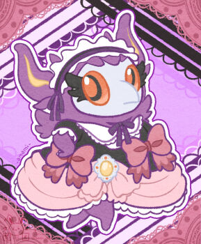 aromatisse black_eyes bow clothed_pokemon colored_sclera commentary_request dress eyelashes frilled_dress frills full_body gen_6_pokemon highres hotoketto16 lolita_fashion nintendo no_humans outline pink_bow pokemon pokemon_(creature) pokemon_focus purple_outline red_pupils red_sclera solo white_headdress white_outline