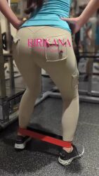 1girl animated asian ass ass_focus audible_music black_hair butt_crack curvy exercising gym_uniform highres huge_ass japanese_(nationality) long_hair mask mirror mirror_image mouth_mask pants photo_(medium) ponytail real_life ririkana simple_background skin_tight skindentation solo sound squatting tagme thigh_gap training video weights wide_hips yoga_pants