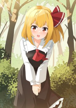 1girl absurdres ascot black_vest blonde_hair blush chinese_commentary collared_shirt commentary_request day drooling fang forest frilled_shirt_collar frilled_skirt frills hair_ribbon highres leaning_forward long_sleeves looking_at_viewer nature open_mouth outdoors red_ascot red_eyes red_ribbon ribbon rumia sdftehn shirt skin_fang skirt skirt_set smile solo touhou tree vest white_shirt