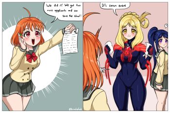 2koma 3girls ? artist_name blonde_hair blue_hair bodysuit breasts comic confused cosplay covered_navel curvy from_side highres krakelak large_breasts legs looking_at_viewer love_live! love_live!_sunshine!! marvel matsuura_kanan medium_hair multiple_girls multiple_views ohara_mari open_mouth outstretched_arm paper ponytail purple_eyes red_eyes skirt smile spider-man_(series) surprised takami_chika thick_thighs thighs toned tongue wide_hips yellow_eyes