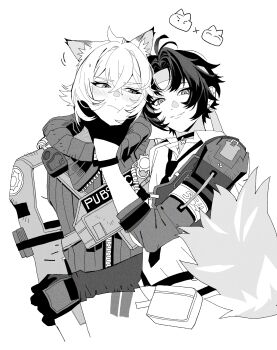 2boys absurdres animal_ear_fluff animal_ears antenna_hair asaba_harumasa black_choker black_gloves black_hair black_necktie blush cat_boy cat_ears cat_tail cheek_squash choker closed_mouth colored_tips commentary cropped_torso crossed_bangs gloves greyscale hair_between_eyes half-closed_eyes half_gloves hand_on_own_arm headband highres looking_at_another looking_at_viewer monochrome motion_lines multicolored_hair multiple_boys necktie parted_bangs pd_honey pendant_choker police police_badge police_uniform policeman seth_lowell shirt short_hair simple_background smile sweat symbol-only_commentary tail upper_body very_long_tail white_background white_hair white_shirt yaoi zenless_zone_zero zipper