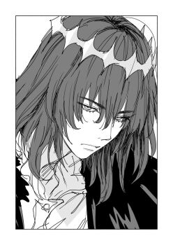 1boy birdhatter fate/grand_order fate_(series) fur_trim hair_between_eyes looking_at_viewer monochrome oberon_(fate) oberon_(third_ascension)_(fate) shirt short_hair simple_background solo