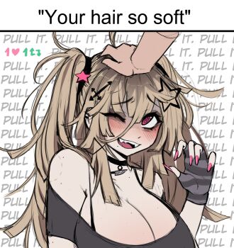 1girl @_@ absurdres bare_shoulders bite_mark bite_mark_on_shoulder black_choker black_shirt blonde_hair breasts caption choker cleavage disembodied_hand dokidomiki english_text fingerless_gloves fingernails gloves grey_gloves hair_between_eyes hair_ornament headpat highres large_breasts long_hair looking_up messy_hair miki_(dokidomiki) mole mole_under_eye mole_under_mouth nail_polish one_eye_closed open_mouth original pink_eyes pink_nails raised_inner_eyebrows shirt smile solo star_(symbol) star_hair_ornament striped_clothes striped_gloves teeth text_background upper_body upper_teeth_only