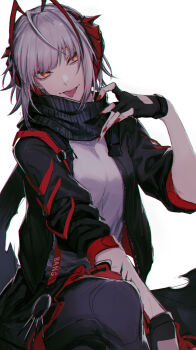 1girl ahoge antenna_hair arknights black_gloves black_jacket black_pants black_scarf breasts demon_horns eyeliner feet_out_of_frame fingerless_gloves gloves grey_hair grey_shirt highres horns jacket looking_to_the_side makeup medium_breasts namahamu913 open_clothes open_jacket orange_eyes pants parted_lips red_eyeliner red_hair red_horns red_nails scar scar_on_arm scarf shirt short_hair simple_background sitting slit_pupils smile solo tongue tongue_out w_(arknights) white_background