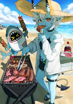 >_< 1girl absurdres alternate_costume bangboo_(zenless_zone_zero) beach black_bra black_shoes black_shorts blue_horns blue_oni blue_skin blue_sky blue_tail bra cloud cola colored_skin commentary_request cooking earrings eating food food_on_face grill grilling hair_between_horns hat highres horizon horns jewelry looking_at_viewer meat midriff multicolored_horns navel ocean oni open-toe_shoes outdoors pointy_ears red_eyes regit_etihw rock sand sandals sausage shadow sharkboo_(zenless_zone_zero) shoes short_hair shorts skin-covered_horns sky soukaku_(zenless_zone_zero) straw_hat thigh_strap two-tone_horns two-tone_tail underwear water white_hair zenless_zone_zero