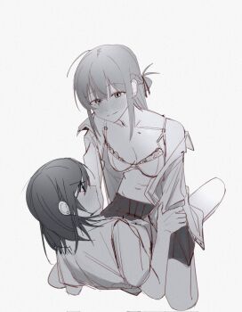 2girls blush bra braid breasts closed_mouth commentary greyscale haidao_mao half_up_braid hashtag-only_commentary highres long_hair medium_breasts medium_hair miyagi_shiori monochrome multiple_girls open_clothes open_shirt sendai_hazuki shuuniichido_classmate_wo_kau_hanashi sidelocks simple_background stomach straddling underwear white_background yuri