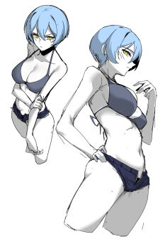 1girl absurdres angela_(project_moon) arm_up bare_shoulders blue_bra blue_shorts blush bra breasts cleavage commentary_request cowboy_shot from_above from_below hair_between_eyes hand_on_own_arm hand_on_own_hip helseujang highres large_breasts library_of_ruina looking_at_viewer navel project_moon short_hair short_shorts shorts underwear white_background yellow_eyes