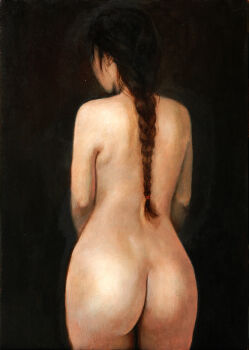 1girl arms_at_sides ass black_hair braid commentary_request completely_nude cowboy_shot dark_background from_behind highres kasumi_kaworu long_hair nude oil_painting_(medium) original painting_(medium) single_braid solo standing traditional_media