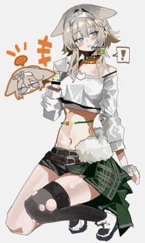 ! 1girl absurdres animal_ears black_choker blush bracelet choker crop_top extra_ears fake_animal_ears goddess_of_victory:_nikke grey_hair headset highres idol jewelry long_sleeves navel necklace odmised off_shoulder prika_(nikke) shorts single_thighhigh sitting solo thighhighs torn_clothes torn_thighhighs white_background