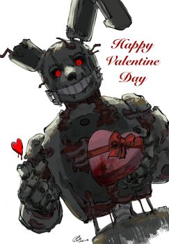 Rule 34 | 1boy, animal costume, animal ears, animatronic, bone, box, commentary, english commentary, eva0951120, exposed internal machinery, five nights at freddy's, gift, happy valentine, heart, heart-shaped box, highres, holding, holding gift, rabbit costume, red eyes, robot, springtrap, valentine, white background