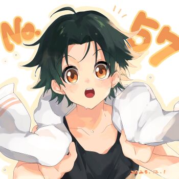 1boy beer611gold black_tank_top blush brown_eyes dated gon_freecss green_hair hair_down highres hunter_x_hunter looking_at_viewer male_focus numbered open_mouth short_hair solo tank_top towel towel_around_neck upper_body wet wet_hair white_background