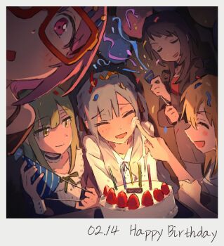 Rule 34 | 5girls, ave mujica (bang dream!), balloon, bang dream!, bang dream! it's mygo!!!!!, birthday cake, black choker, black hair, black jacket, black ribbon, blonde hair, blue hair, blush, cake, choker, closed eyes, commentary, confetti, dated, fake photograph, food, food on face, frilled choker, frills, green hair, grey skirt, hair ribbon, happy birthday, hashtag-only commentary, hat, highres, jacket, long hair, long sleeves, misumi uika, mkun606, multiple girls, novelty glasses, open mouth, party hat, party popper, pink eyes, purple hair, red-framed eyewear, red shirt, ribbon, shirt, short hair, short sleeves, skirt, togawa sakiko, untranslatable commentary, wakaba mutsumi, white shirt, yahata umiri, yellow eyes, yuutenji nyamu