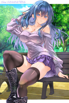 1girl absurdres alternate_costume alternate_hair_length_(longer) arm_up armpit_crease bare_shoulders black_boots black_thighhighs blue_eyes blue_hair blue_sky blush boots breasts cleavage collarbone commentary_request earrings female_byleth_(fire_emblem) fire_emblem fire_emblem:_three_houses highres jewelry large_breasts long_hair long_sleeves looking_at_viewer nintendo off-shoulder_sweater off_shoulder on_bench outdoors parted_lips pleated_skirt purple_skirt sitting skindentation skirt sky solo sweater thighhighs thighs tree wade_(njud8343) white_sweater